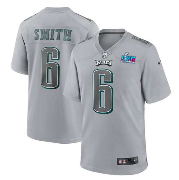 Men's Philadelphia Eagles #6 DeVonta Smith Gray Super Bowl LVII Patch Atmosphere Fashion Stitched Game Jersey